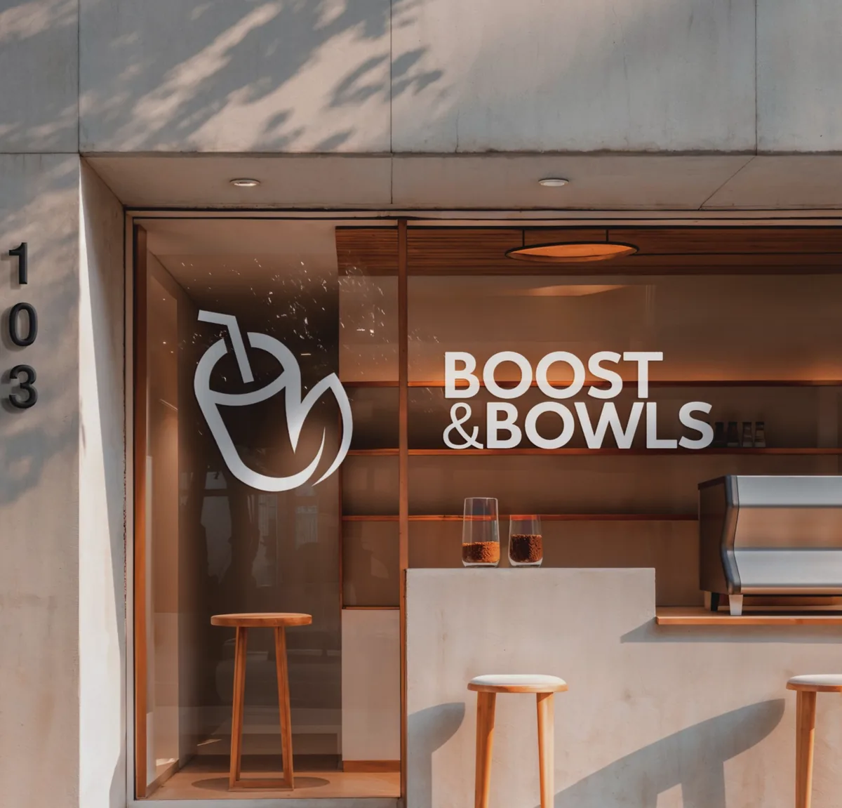 Boost and Bowls food brand logo design and storefront identity